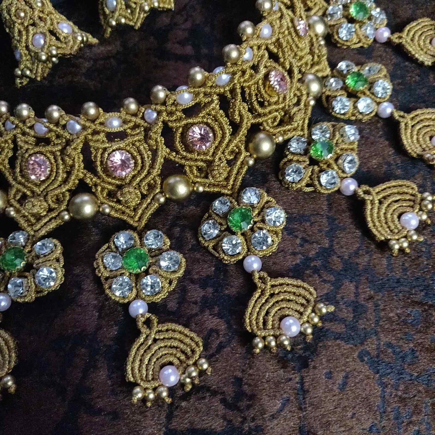 stone necklace pink stone macrame necklace green stone jhumka earrings jhumki flower necklace floral earrings bridal necklace