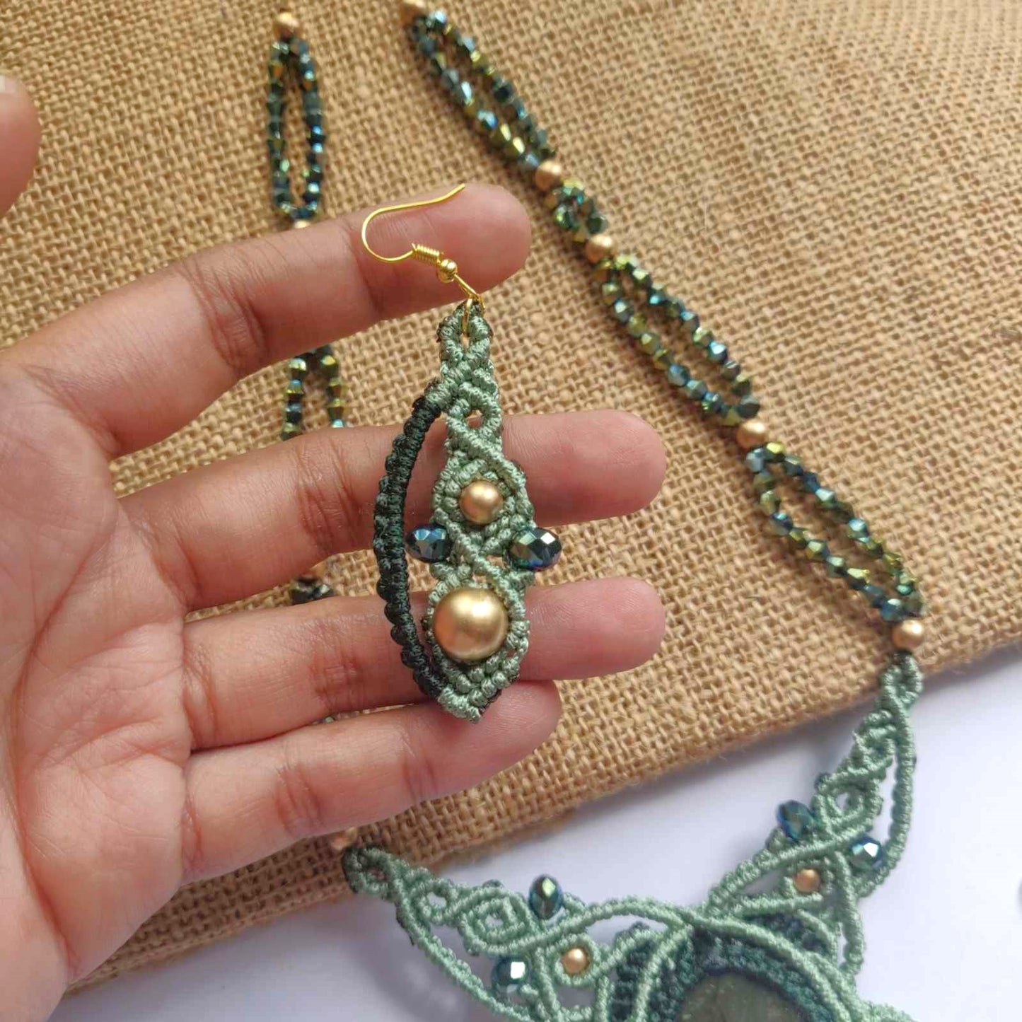 bead necklace set stone necklace set macrame earrings necklace labrodorite green necklace earrings oval stone office wear set