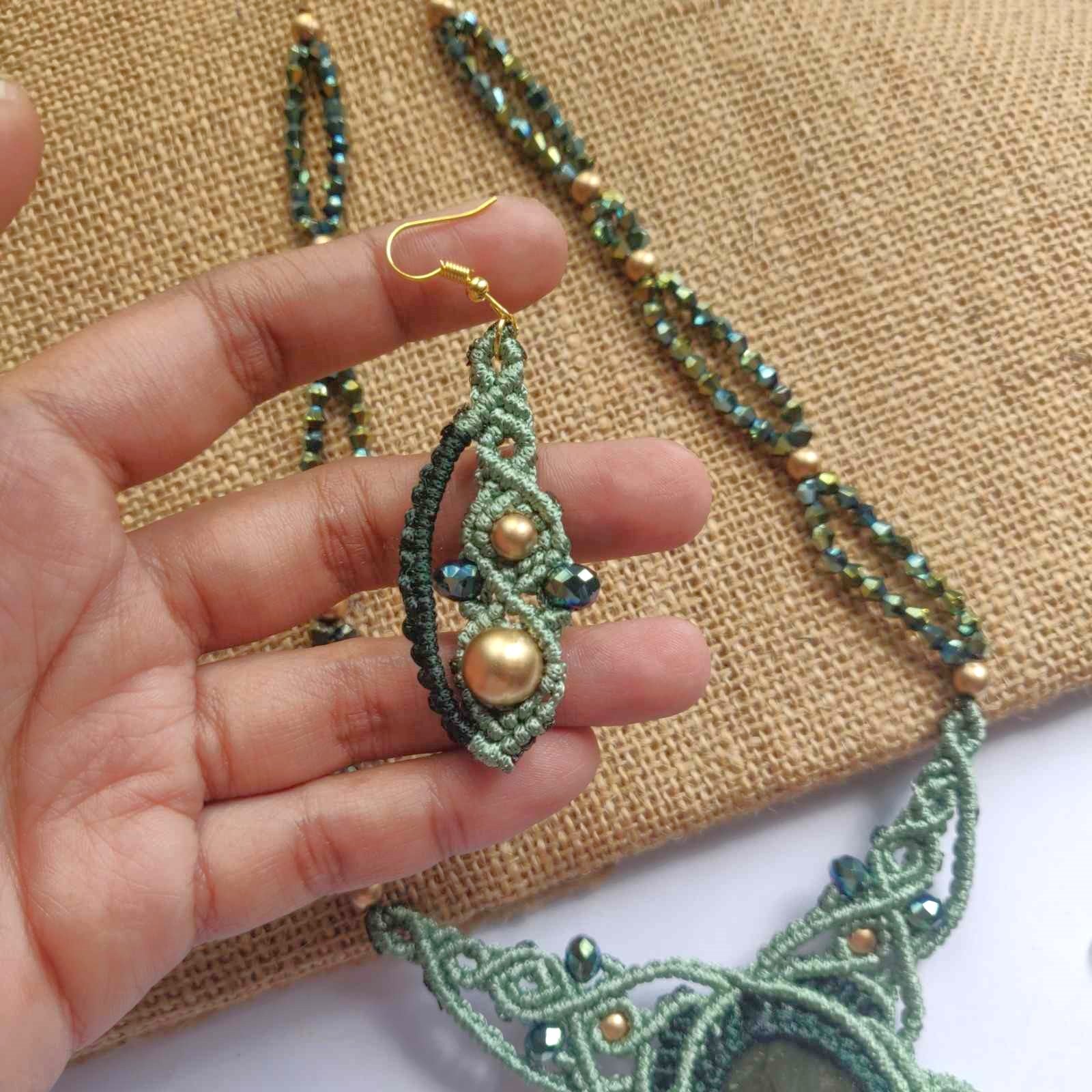 bead necklace set stone necklace set macrame earrings necklace labrodorite green necklace earrings oval stone office wear set