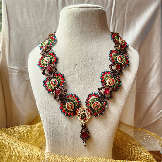 grand reception jewellery seed bead necklace red necklace peacock design stone necklace cocktail party necklace set evening