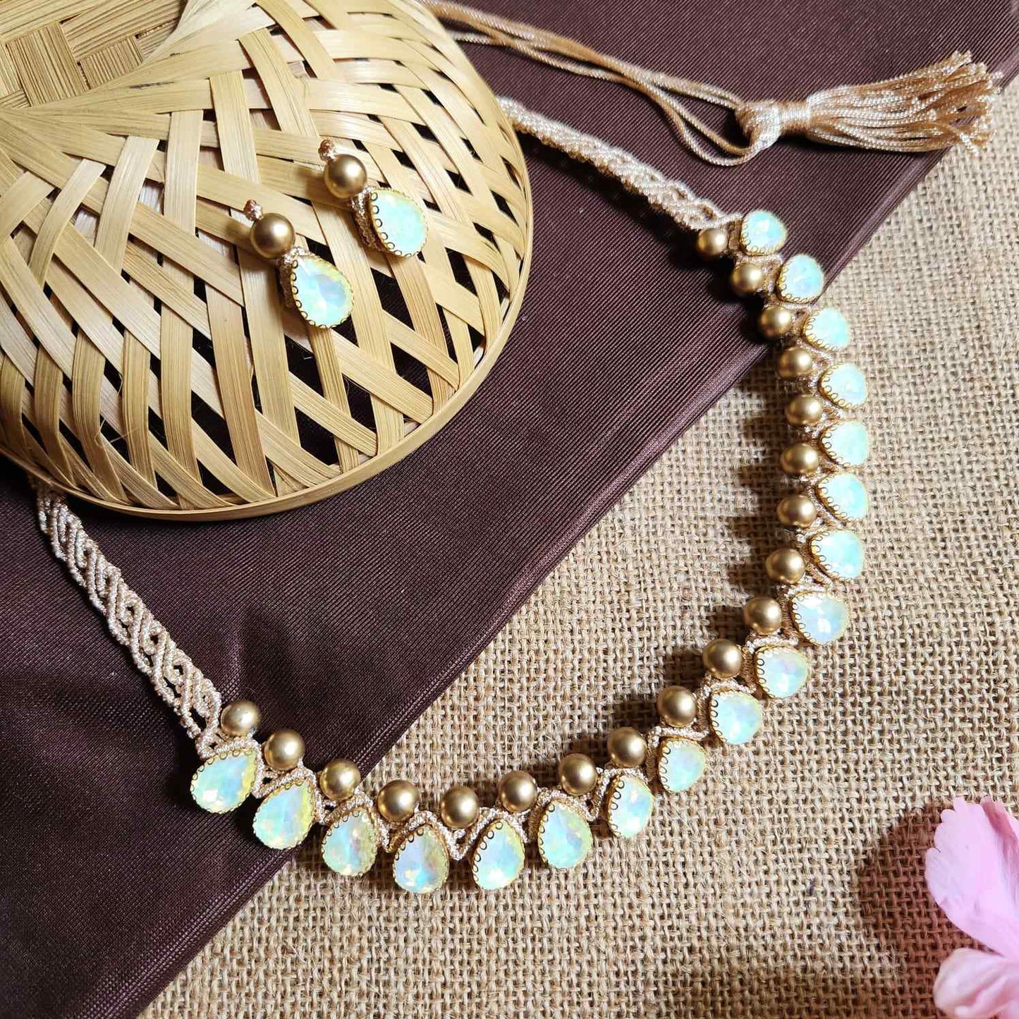necklace stone jewellery party wedding necklace formal wear macrame necklace set green gold necklace