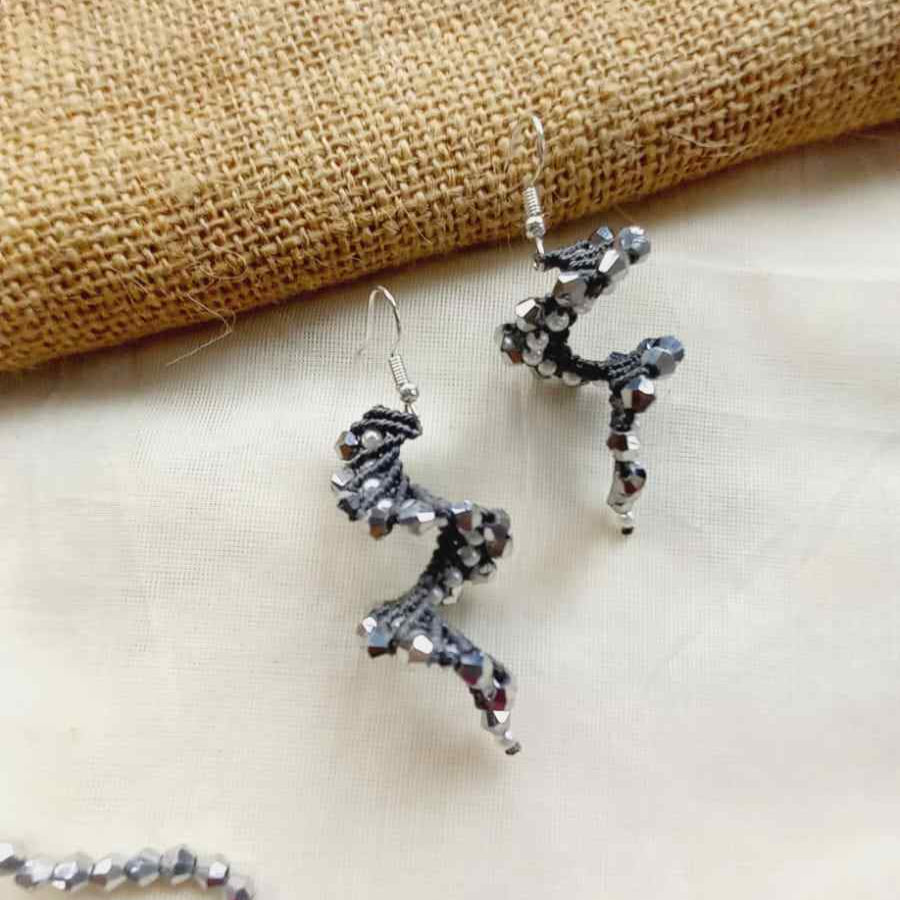macrame bead earrings in spiral shape with silver beads office wear earrings