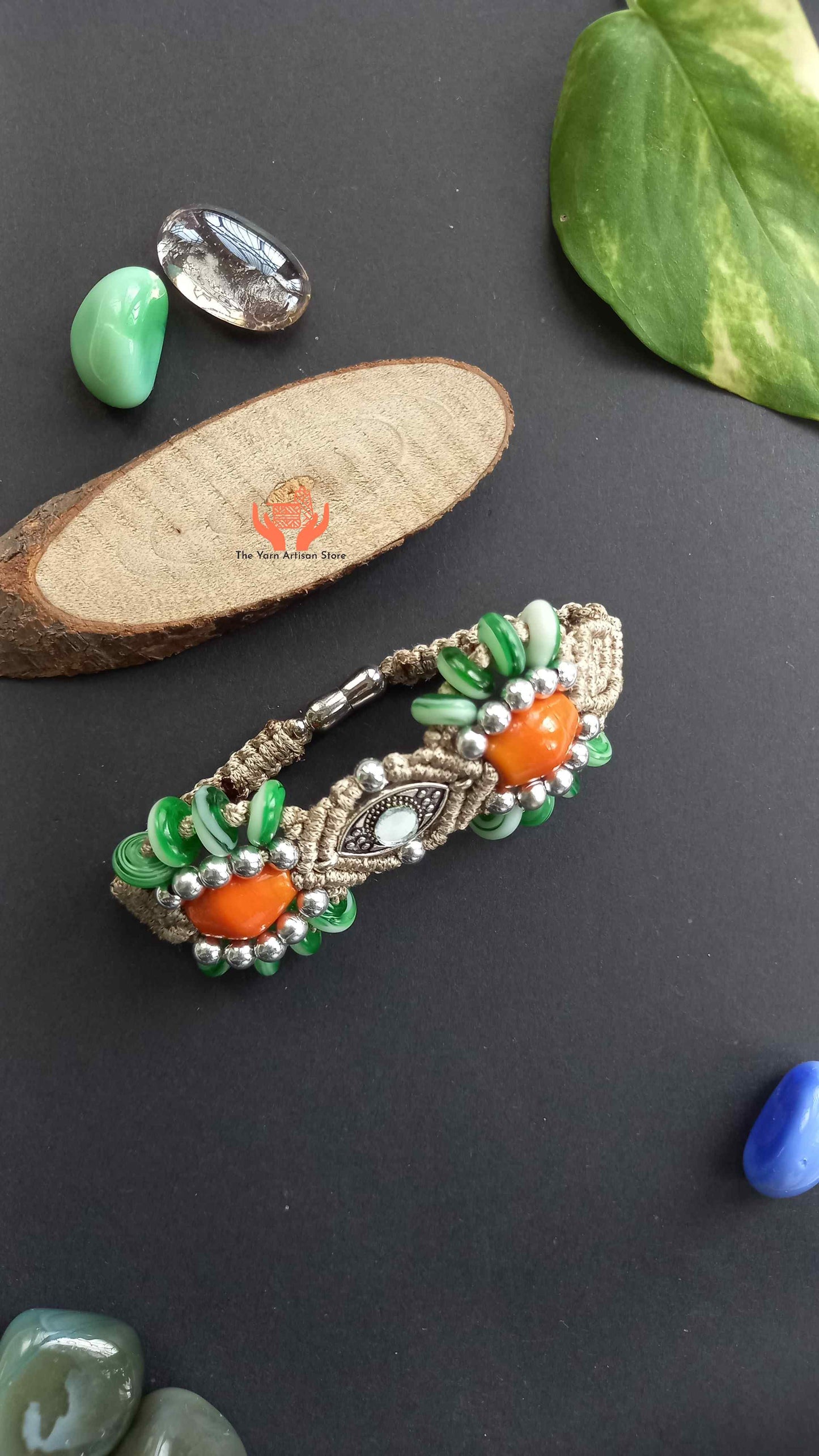 bead necklace earrings bracelet with mirror and macrame work