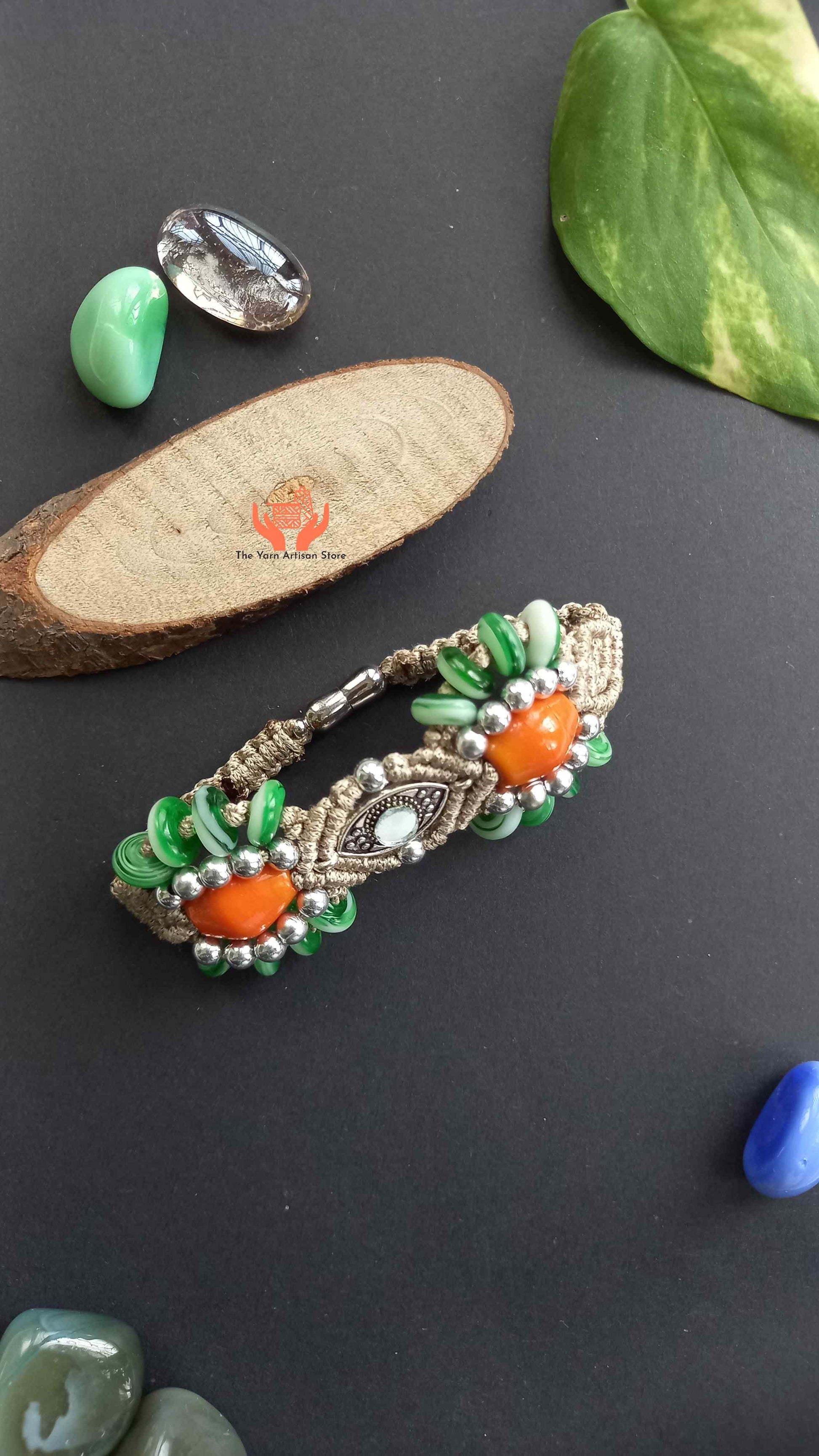 bead necklace earrings bracelet with mirror and macrame work