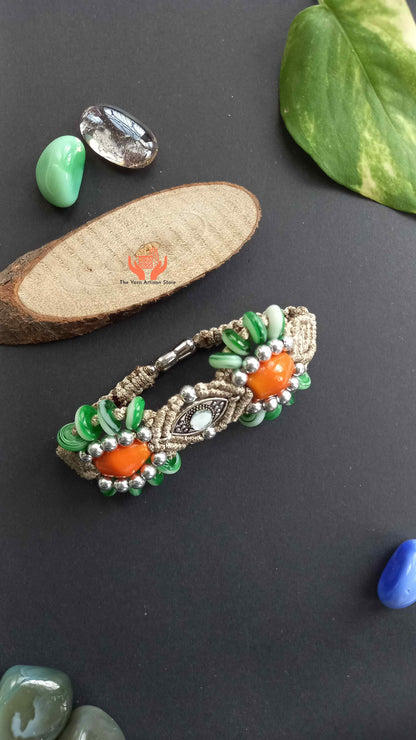 bead necklace earrings bracelet with mirror and macrame work