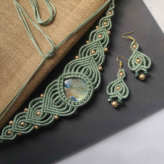 macrame necklace bead necklace choker necklace stone choker green necklace gold necklace labrodorite necklace