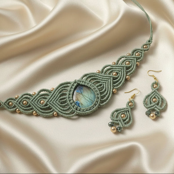 macrame necklace bead necklace choker necklace stone choker green necklace gold necklace labrodorite necklace
