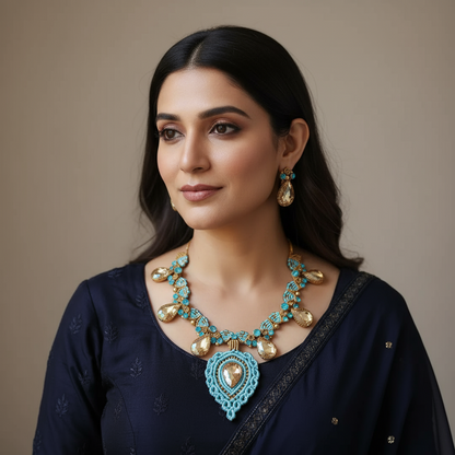 Tapana blue gold stone macrame necklace set