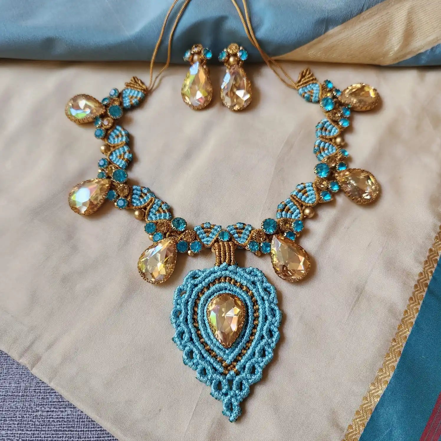 blue gold necklace turquoise topaz party necklace wedding stone necklace bridal necklace puja necklace stud earrings stone