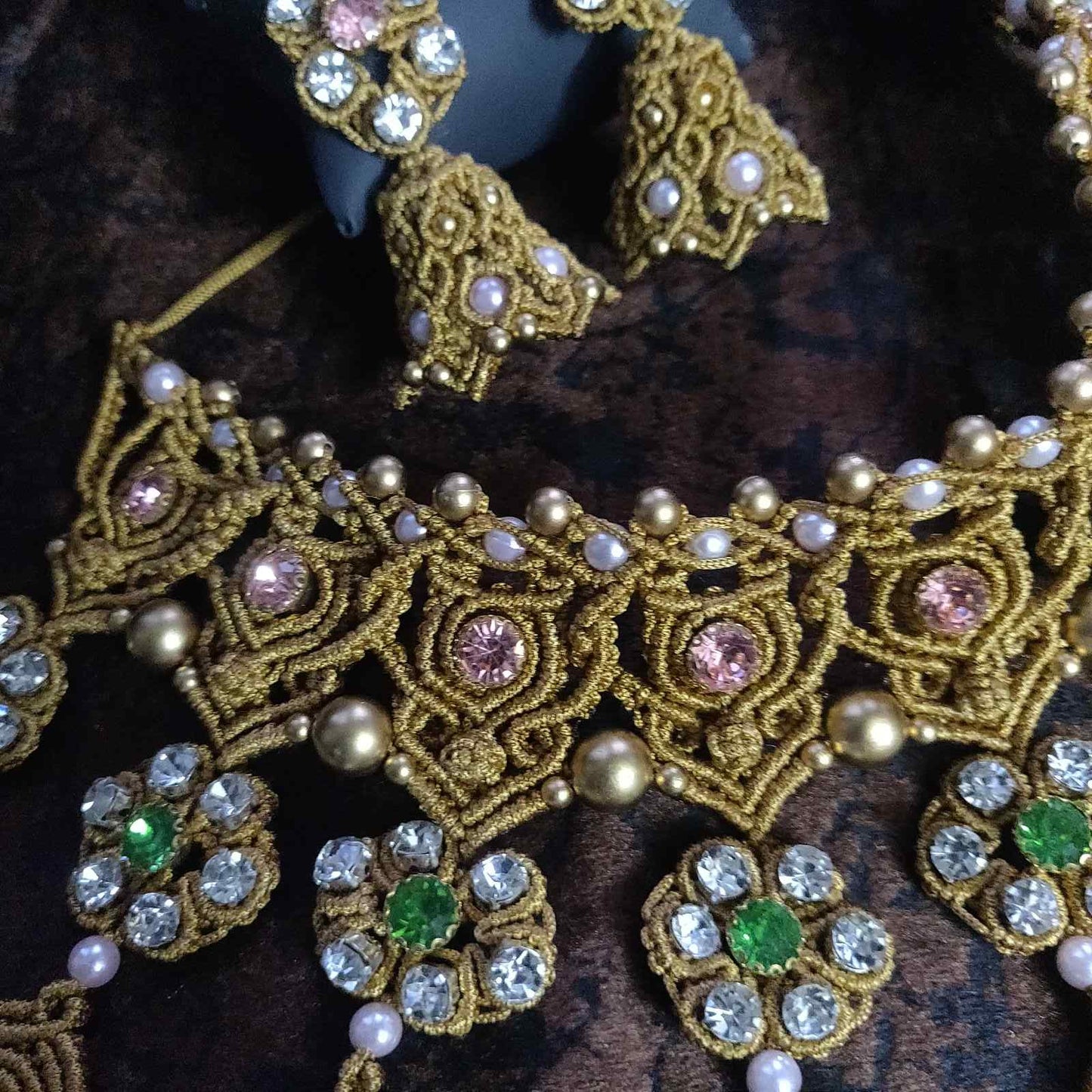 stone necklace pink stone macrame necklace green stone jhumka earrings jhumki flower necklace floral earrings bridal necklace