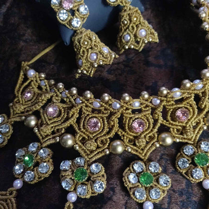 stone necklace pink stone macrame necklace green stone jhumka earrings jhumki flower necklace floral earrings bridal necklace