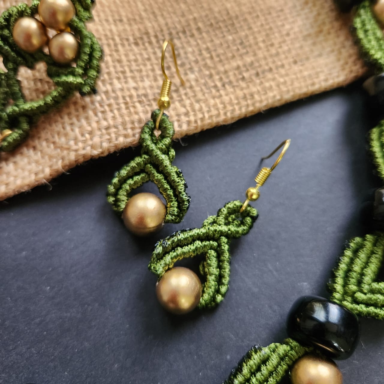 macrame necklace green necklace gold bead necklace black bead necklace stud earrings dangler bead bracelet necklace set
