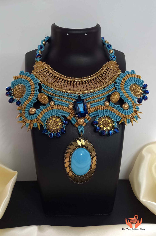 macrame collar style stone necklace and earrings set