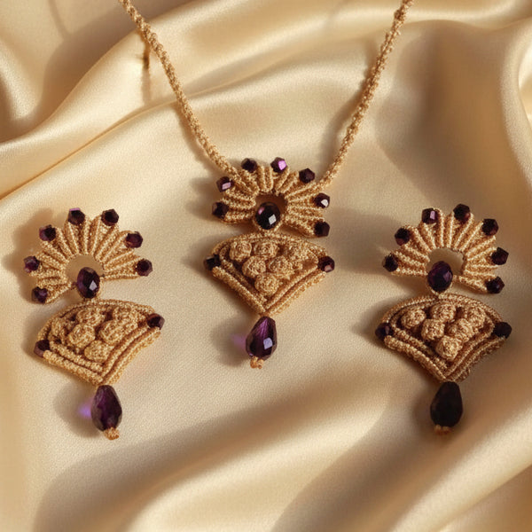 beige macrame pendant earrings set with faceted metallic purple beads