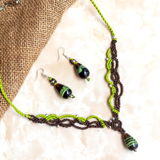 bead macrame necklace earrings set in dark brown and parrot green