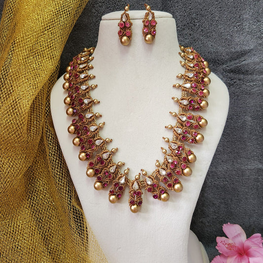 gold stone necklace traditional jewellery bridal haar necklace stud earrings wedding wear party necklace set