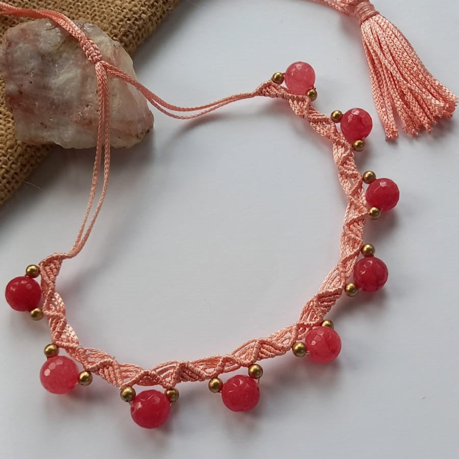 delicate beaded necklace with antique gold beads and pink agate beads