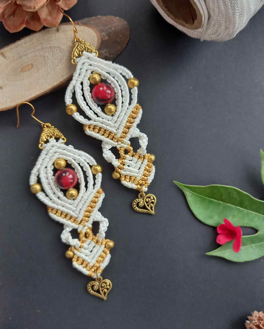 macrame bead dangler earrings with heart charm and beads