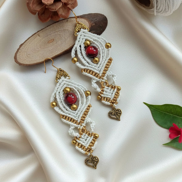 macrame bead dangler earrings with heart charm and beads