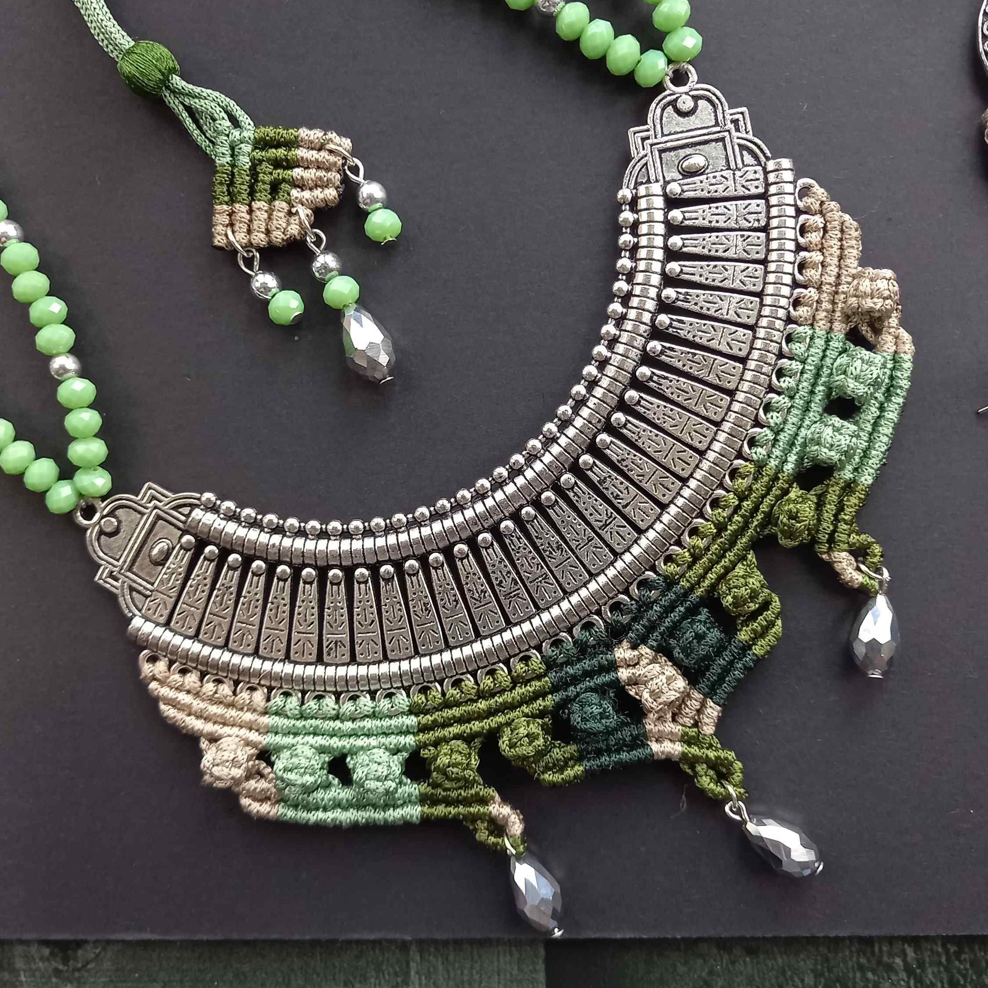 Macrame metal fusion necklace and chandbali dangler stud earrings set