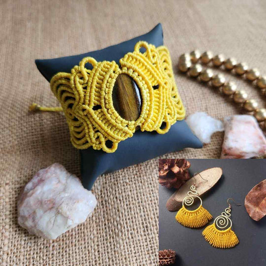 macrame stone bracelet yellow bracelet earrings brass earrings tiger eye bracelet boho earrings set cuff bracelet