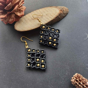 black diamond shaped bead macrame dangler earrings