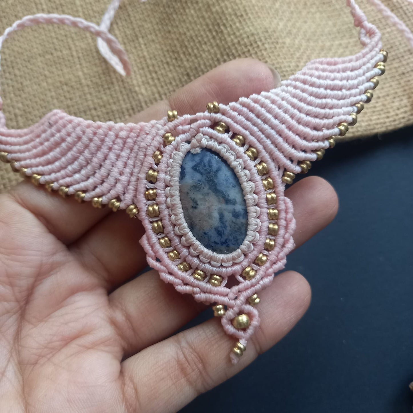 lapis stone necklace gold necklace macrame necklace bird necklace wing necklace