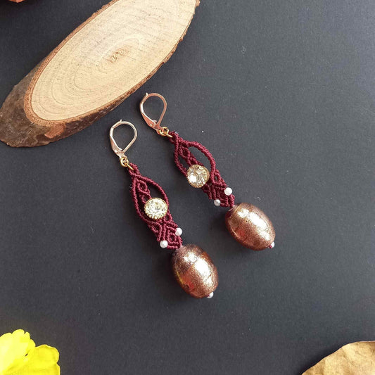 Long macrame dangler in maroon with coppery lampwork bead and white rhinestone