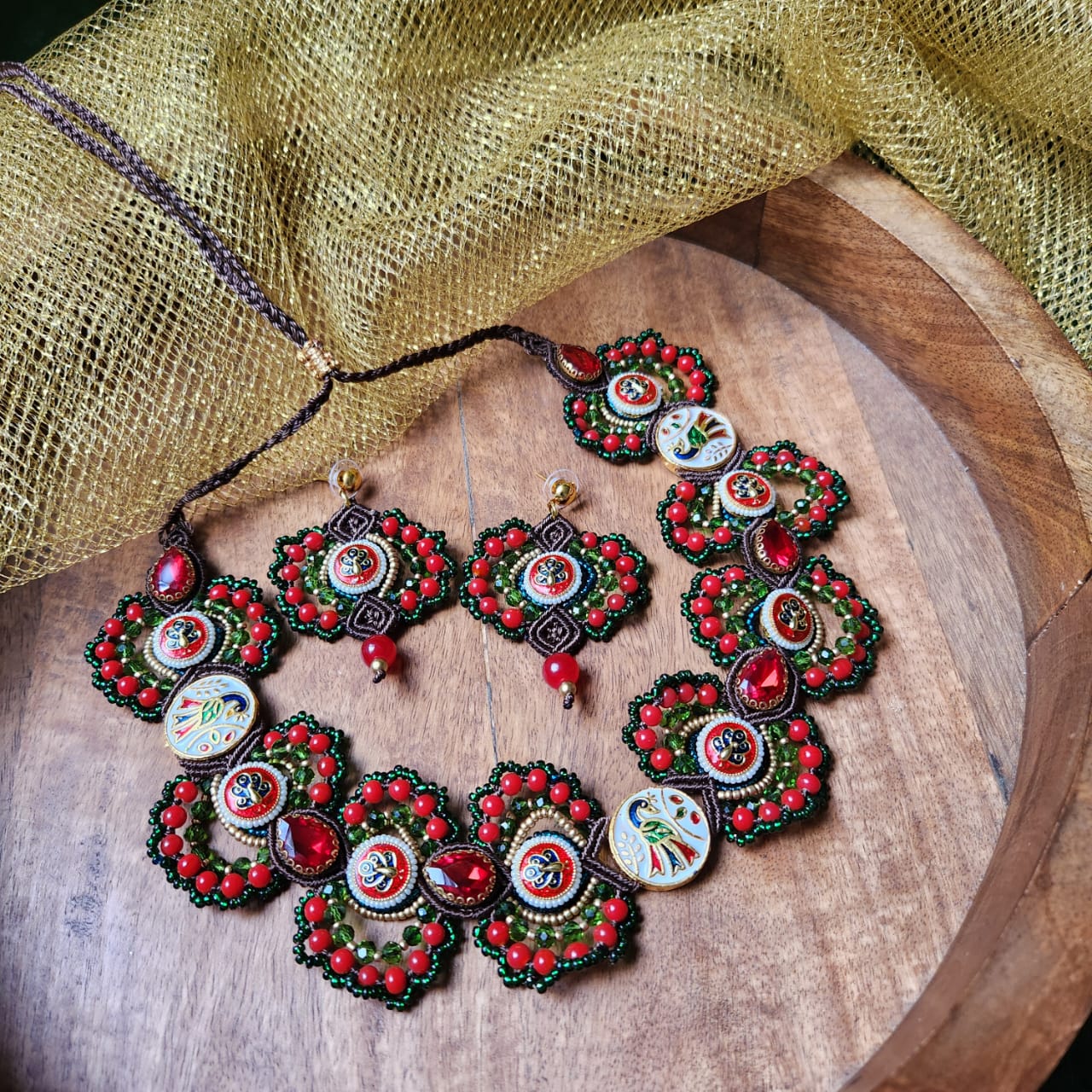 grand reception jewellery seed bead necklace red necklace peacock design stone necklace cocktail party necklace set evening