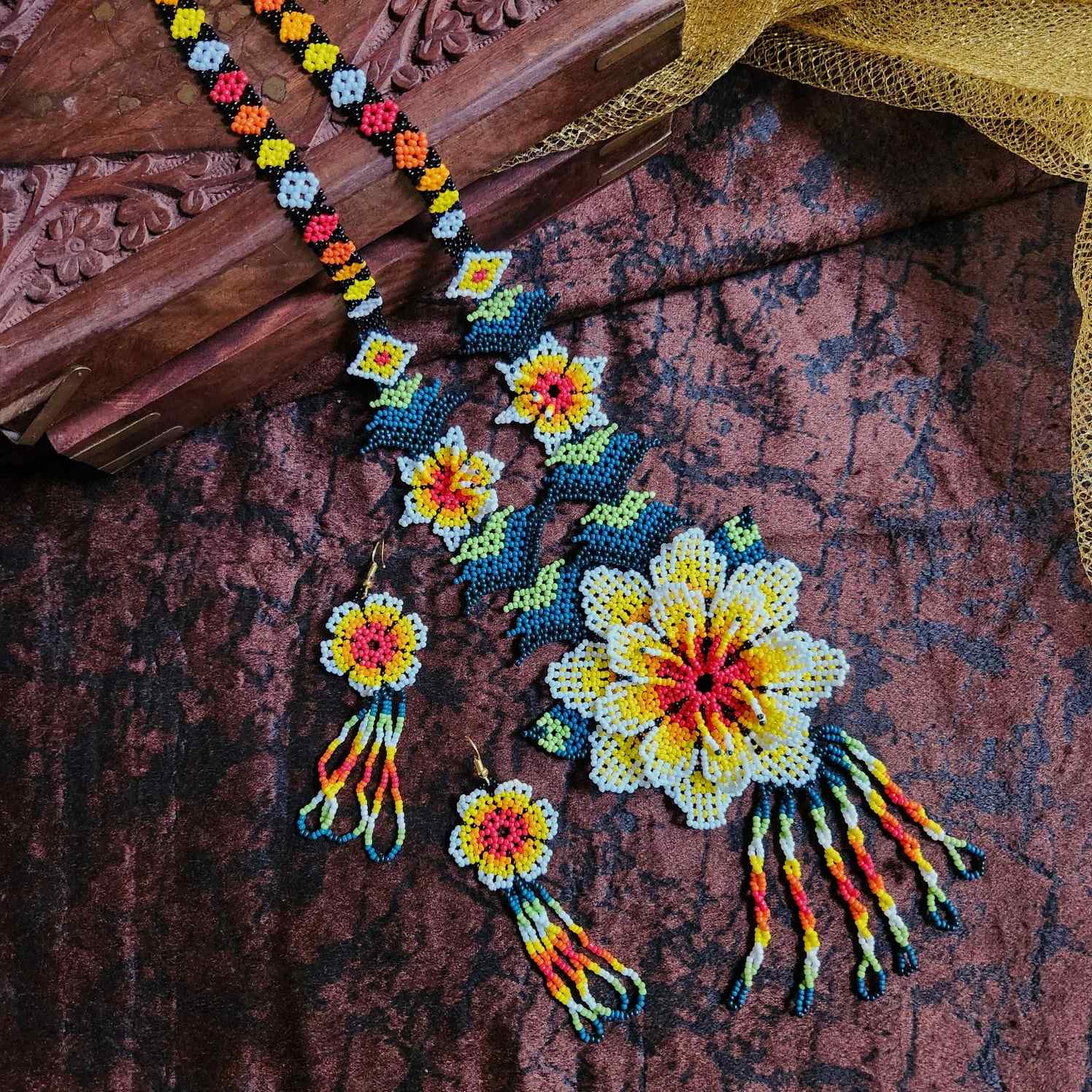 bead necklace flower necklace 3D necklace leaf green leaves haldi necklace set flower earrings yellow necklace
