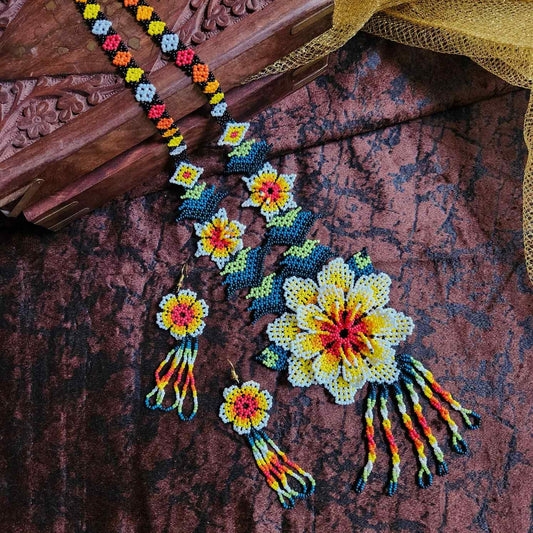 bead necklace flower necklace 3D necklace leaf green leaves haldi necklace set flower earrings yellow necklace