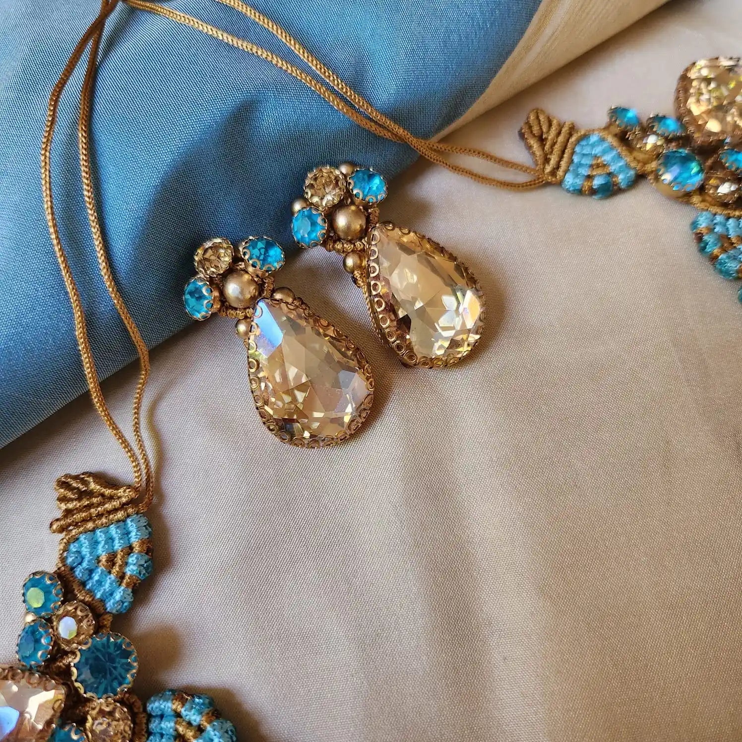 blue gold necklace turquoise topaz party necklace wedding stone necklace bridal necklace puja necklace stud earrings stone