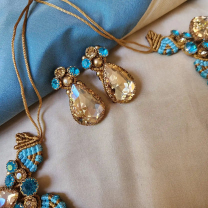 blue gold necklace turquoise topaz party necklace wedding stone necklace bridal necklace puja necklace stud earrings stone