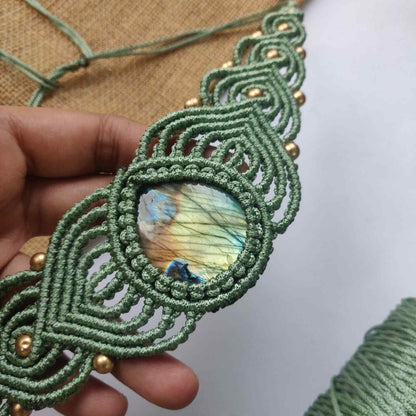 macrame necklace bead necklace choker necklace stone choker green necklace gold necklace labrodorite necklace
