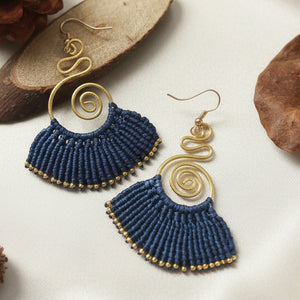 brass earrings macrame earrings navy blue earrings party wear earrings gold earrings