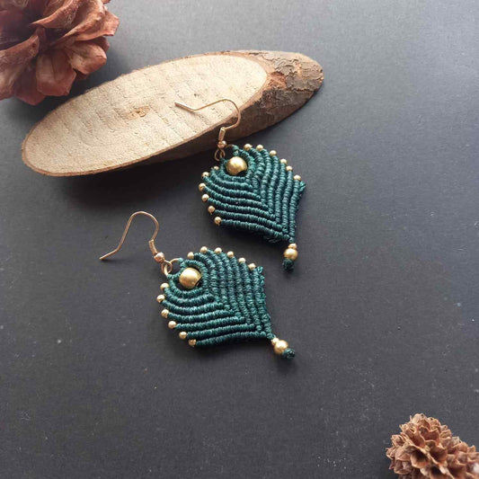 peacock feather earrings brass bead earrings leaf earrings dark green earrings