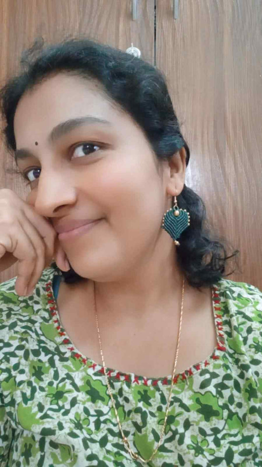 peacock feather earrings brass bead earrings leaf earrings dark green earrings