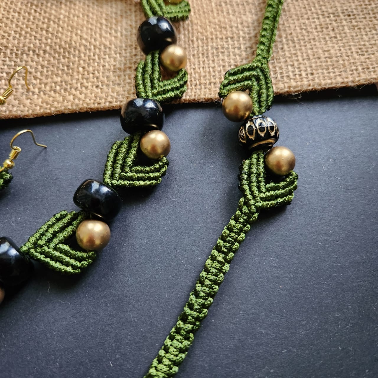 macrame necklace green necklace gold bead necklace black bead necklace stud earrings dangler bead bracelet necklace set