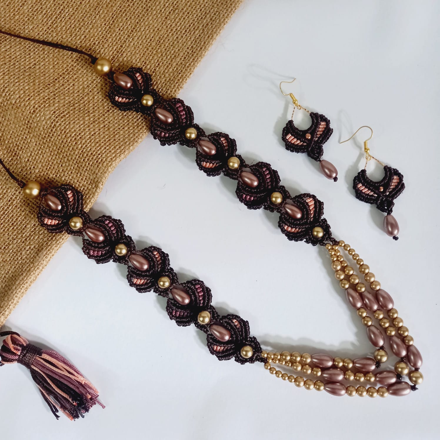 bead necklace floral necklace earrings set pink flower necklace macrame jewellery set necklace set