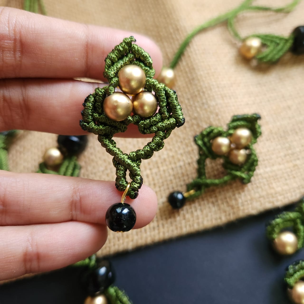 macrame necklace green necklace gold bead necklace black bead necklace stud earrings dangler bead bracelet necklace set