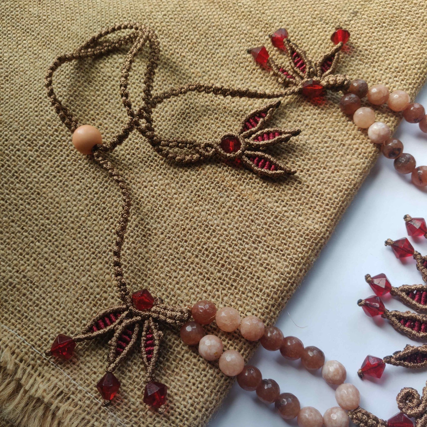 Brown and Maroon Macrame Statement Necklace with Jasper Centerpiece