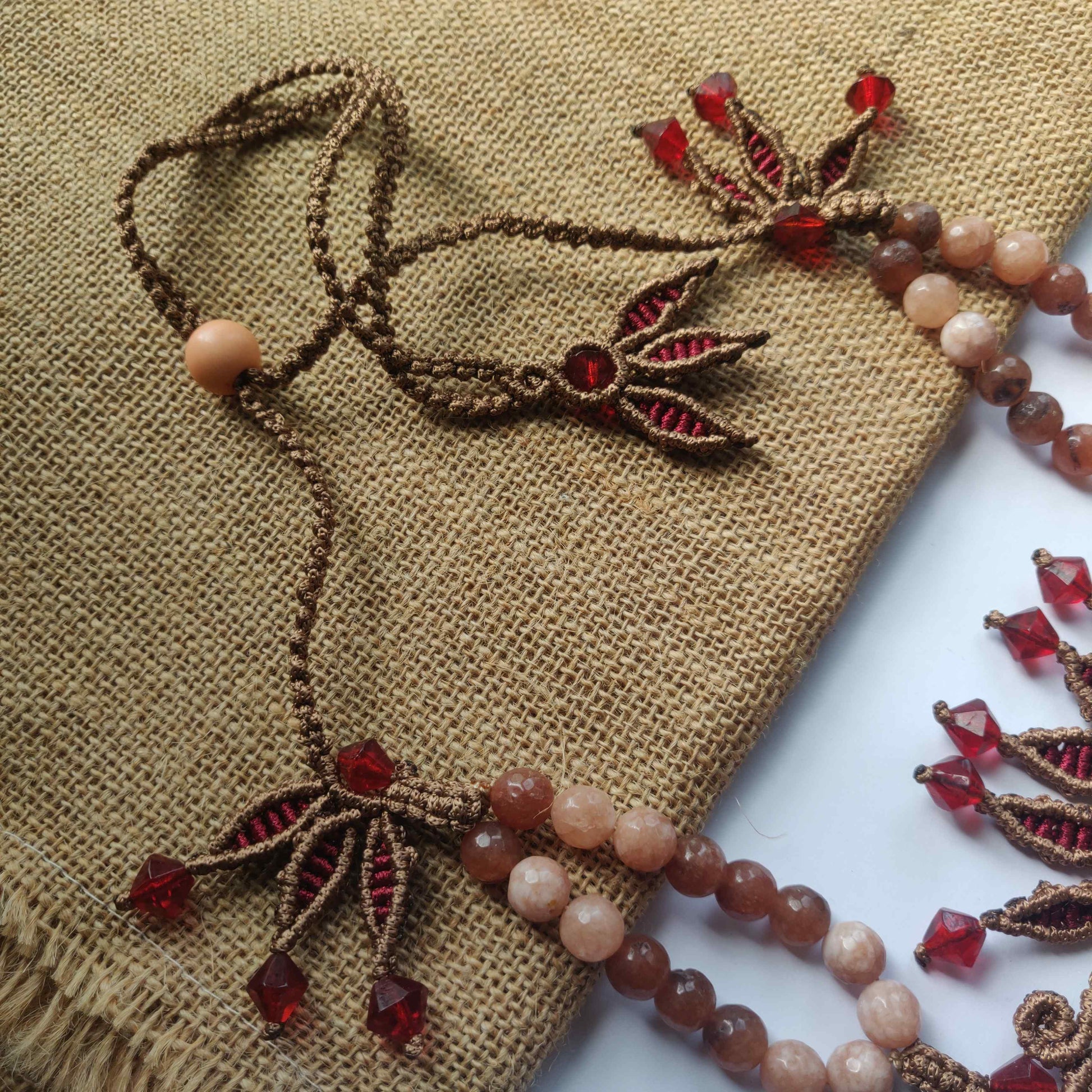 Brown and Maroon Macrame Statement Necklace with Jasper Centerpiece