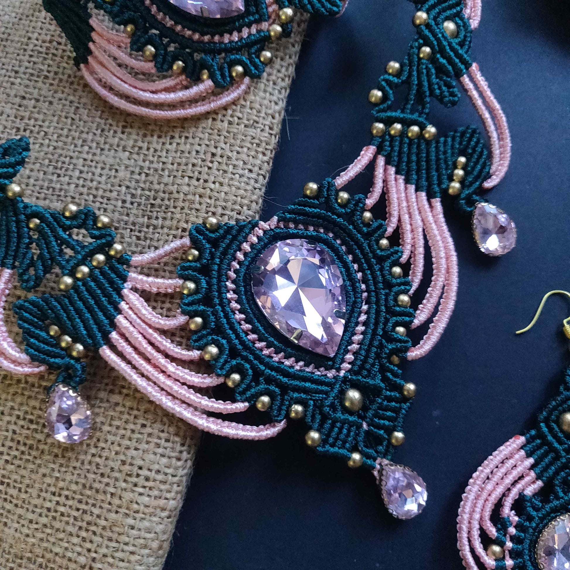 macrame stone necklace earrings and bracelet set in rama green and salmon pink party necklace set wedding jewellery