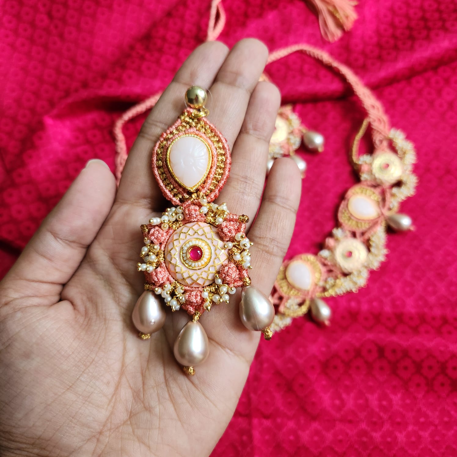artisanal necklace macrame jewellery coral gold pearl necklace meenakari stone evening partywear wedding reception pastel