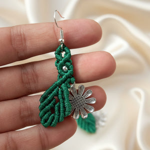dangler earrings flower earrings leaf earrings macrame earrings green earrings silver earrings oxidised silver