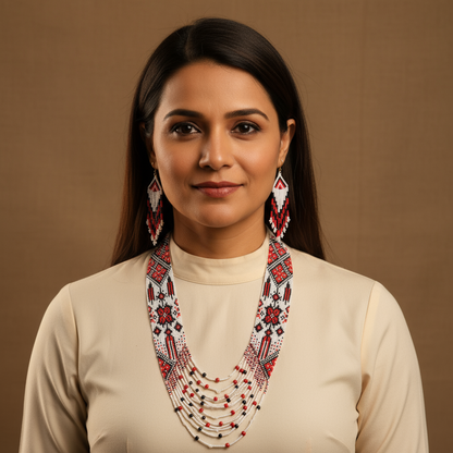 Jari red geometric bead necklace set