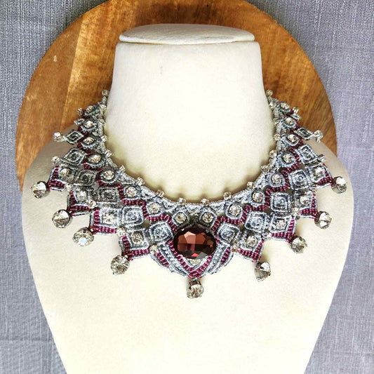 silver necklace burgundy cocktail necklace reception jewellery clubbing necklace stone necklace evening wear jewellery