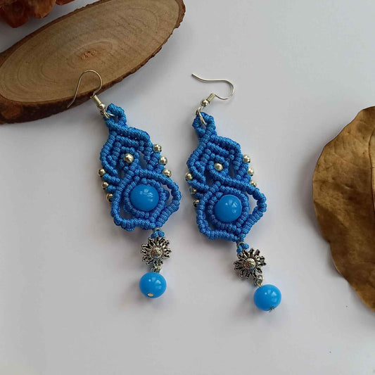 macrame statement dangler earrings with silver charms and beads