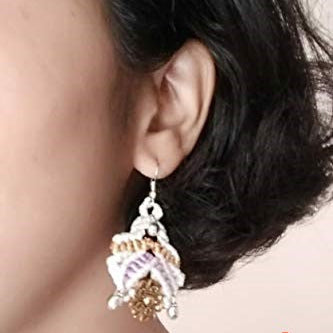 macrame dangler earrings with a floral connector and gunghroo beads