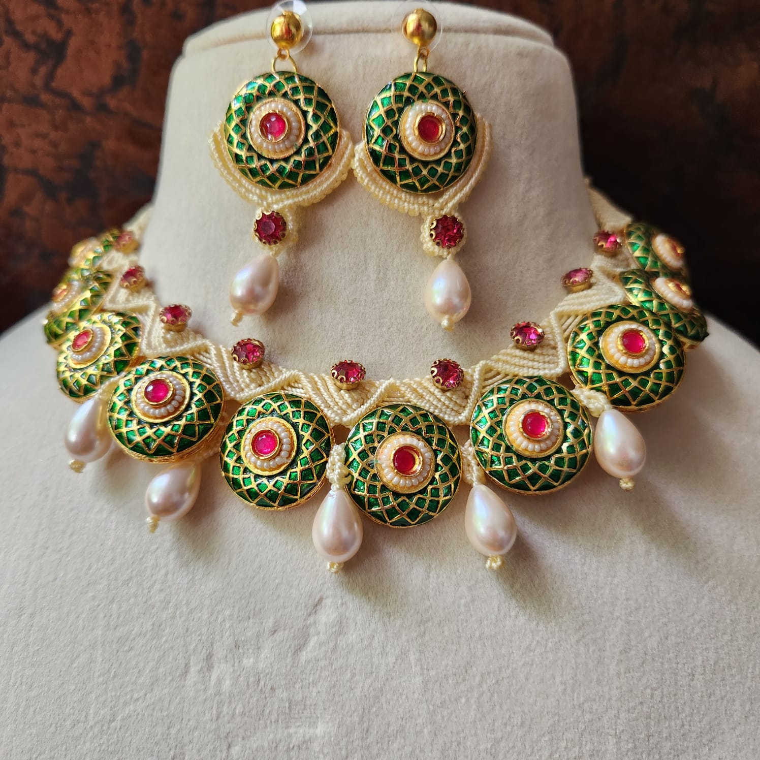 green meenakari necklace ruby necklace pearl necklace festive necklace party wear necklace stud earrings